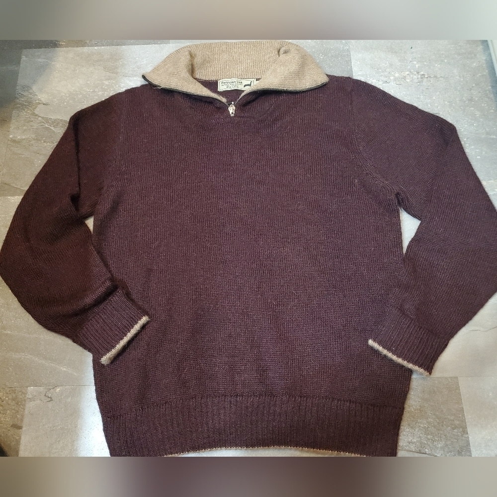 Peruvian Link "Auckland 1/4 zip sweater. 100% alpaga. Burgundy/black. Tan. S.
